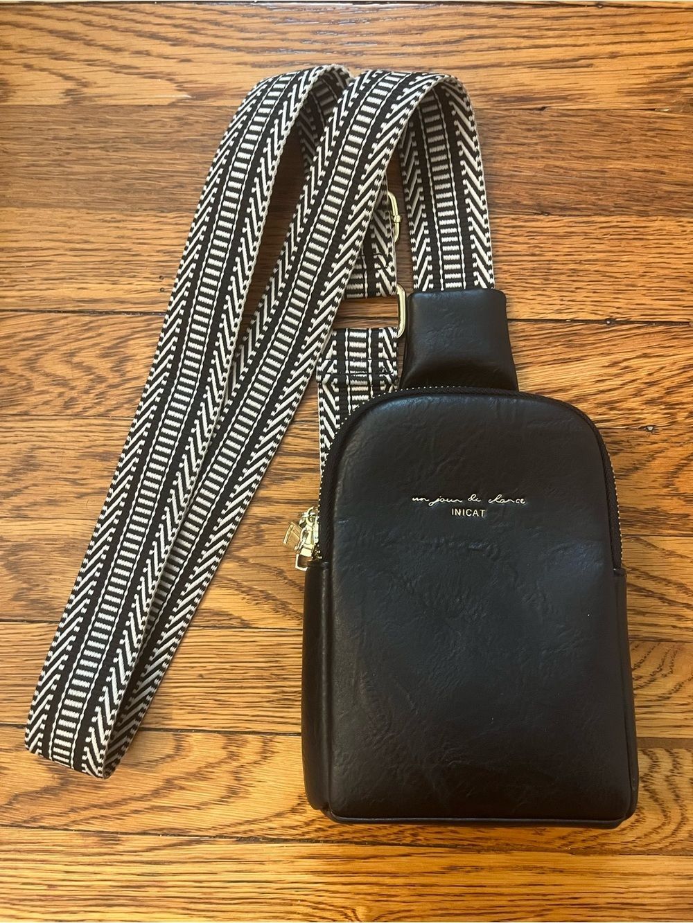 Black Crossbody Phone Pouch with Patterned Strap
